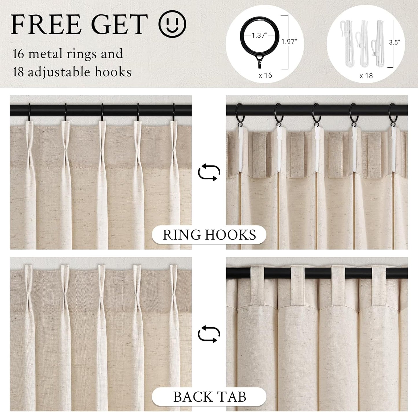 Wide Neutral Linen Light Filtering Pinch Pleat Curtains, 1 Panel