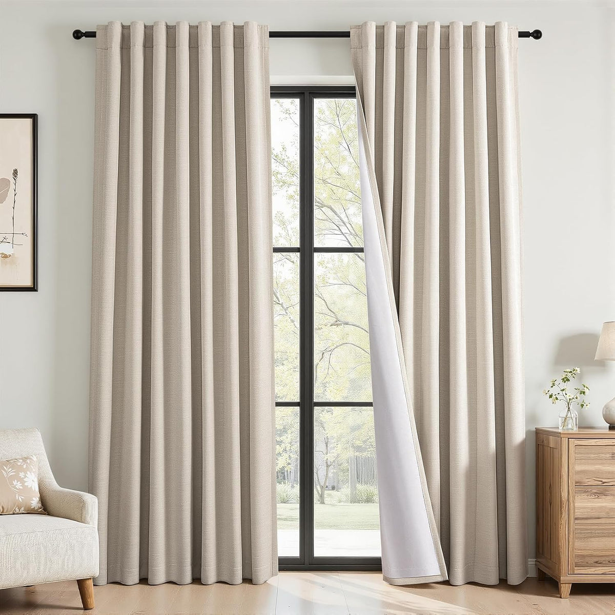 Wide Natural Linen-Textured Blackout Curtains, 1 Panel