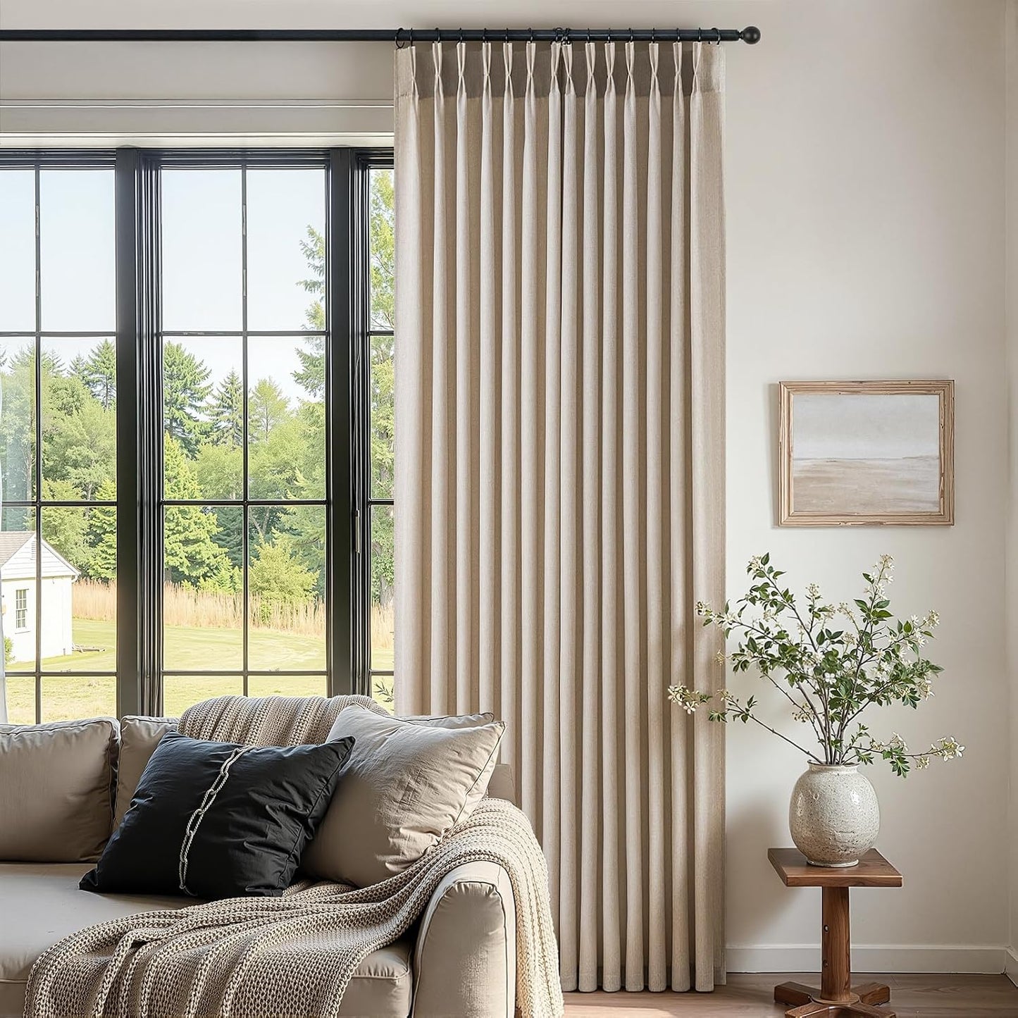 Neutral Light Filtering Linen Pinch Pleat Curtains, 2 Panels