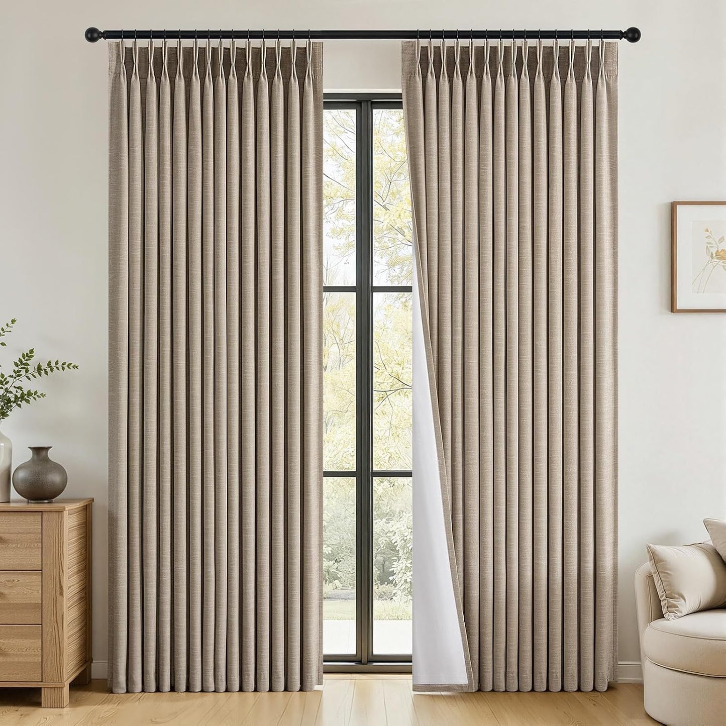 Neutral Linen-Textured Pinch Pleat Blackout Curtains, 2 Panels