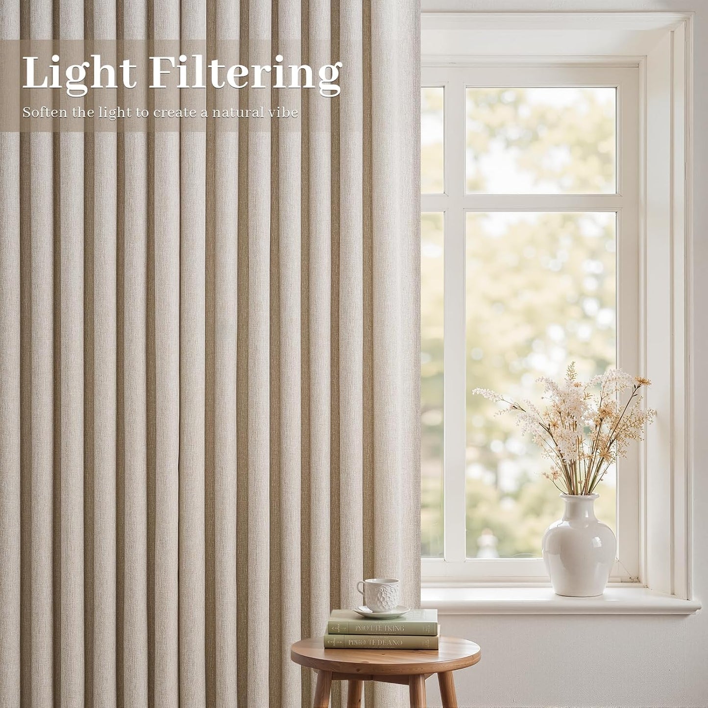 Neutral Light Filtering Linen Pinch Pleat Curtains, 2 Panels