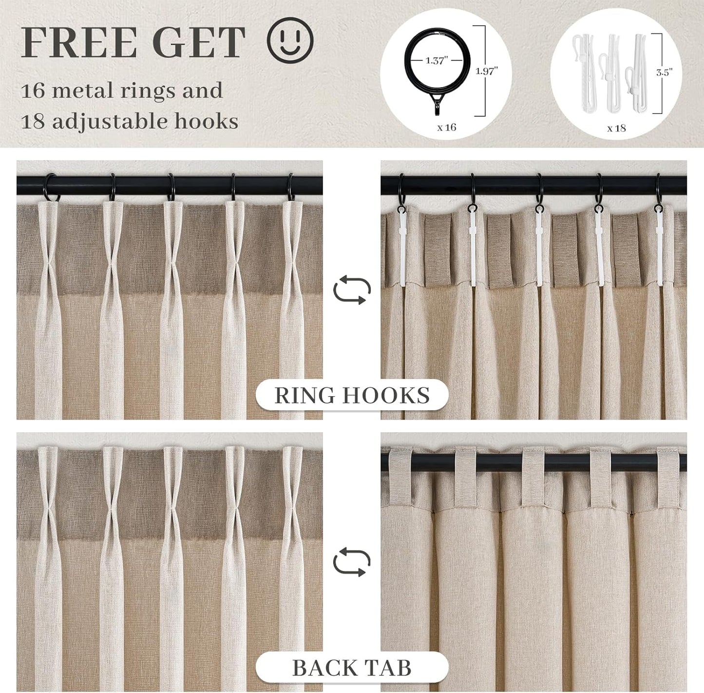 Neutral Light Filtering Linen Pinch Pleat Curtains, 2 Panels