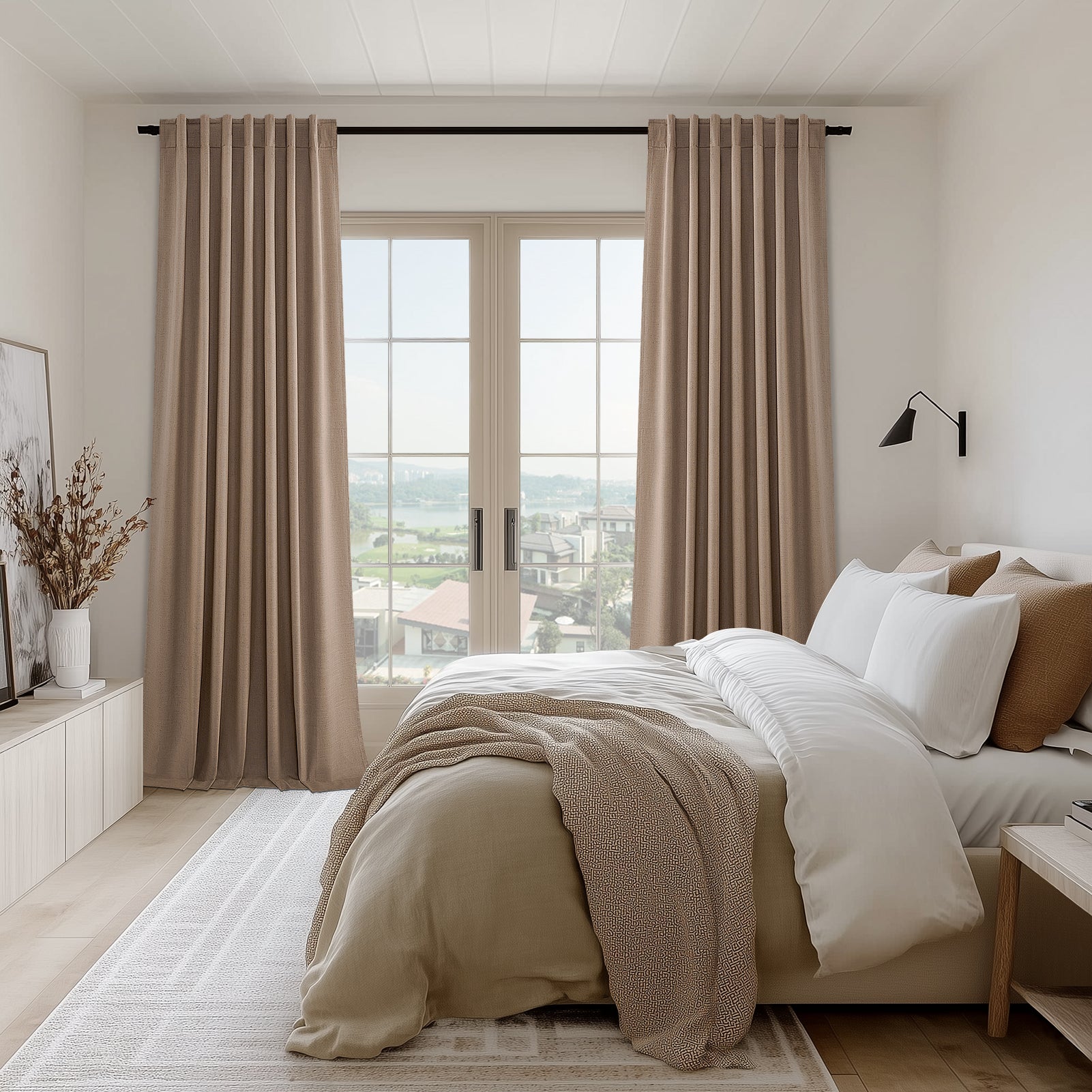 Topfinel 100% Blackout Thermal Insulated Linen Drapes,Back Tab Hooks Drapes Set of 2 With Hooks