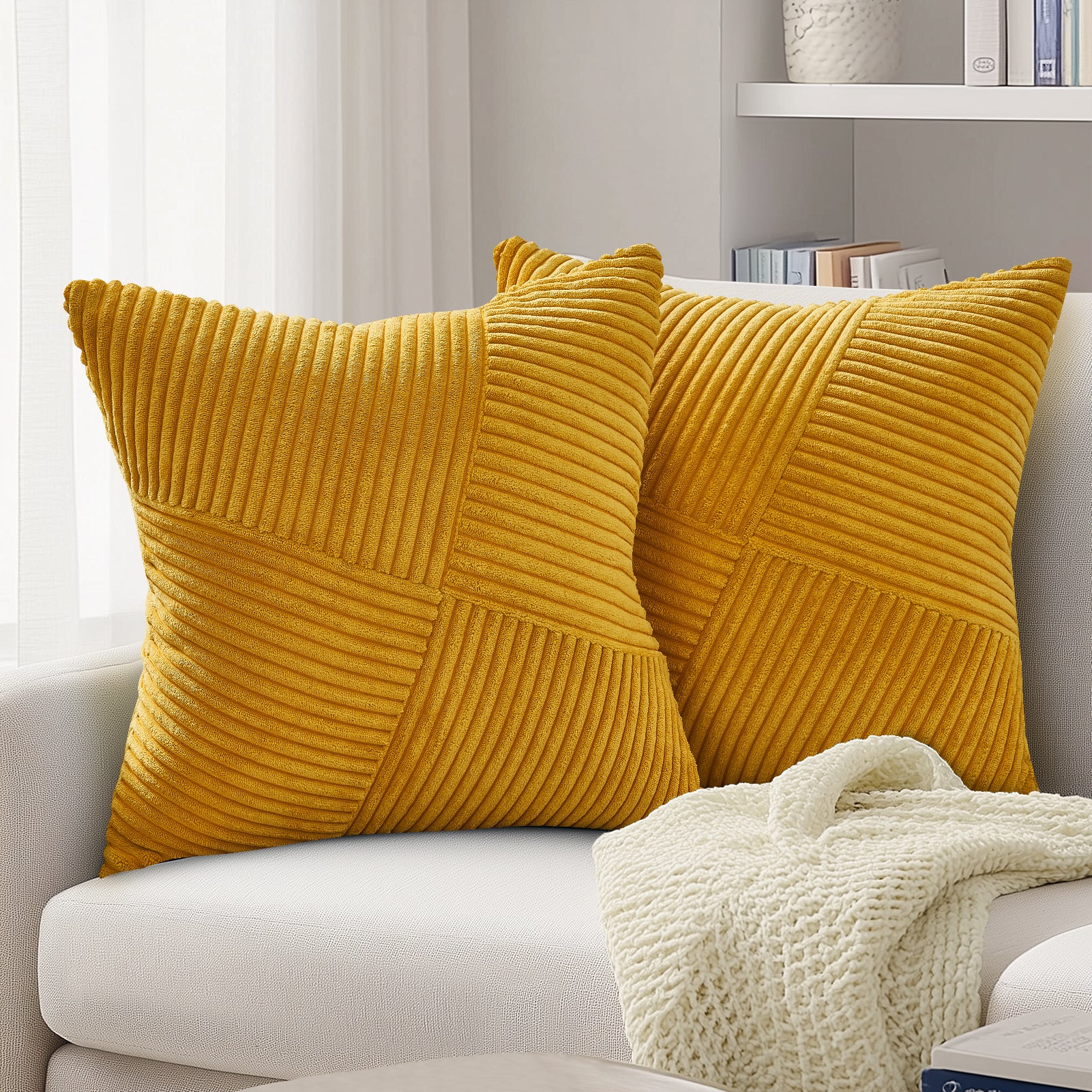 Soft Corduroy Couch Decorative Pillow Covers Windmill Textured Striped Cushion Cover,Set of 2