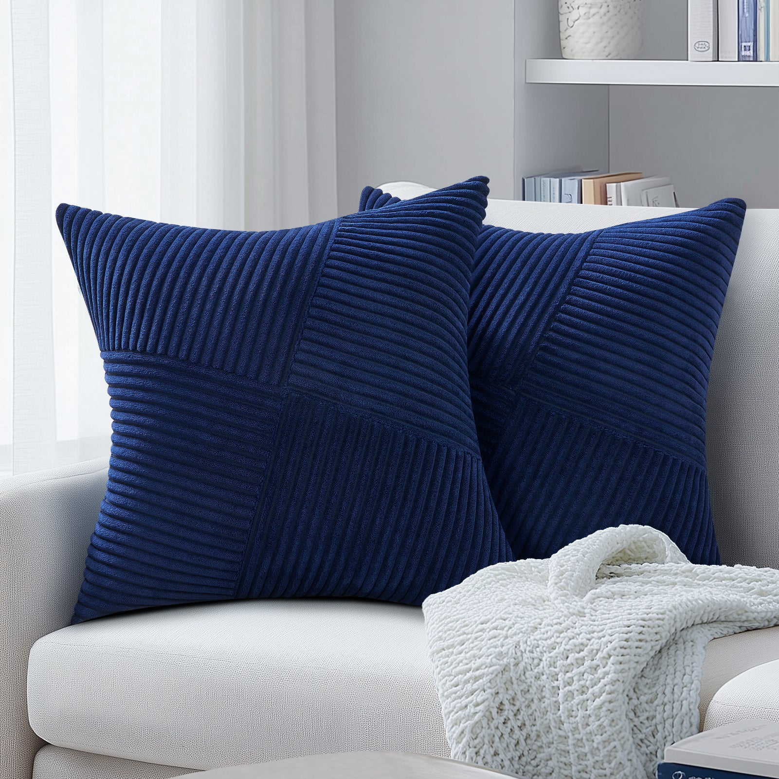 Soft Corduroy Couch Decorative Pillow Covers Windmill Textured Striped Cushion Cover,Set of 2