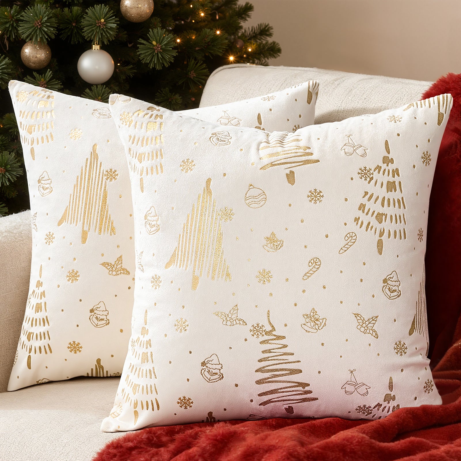 Christmas Velvet Pillow Covers Set of 2, Xmas Tree Gold Brozing Cushion Cases,Winter Holiday Home Decoration