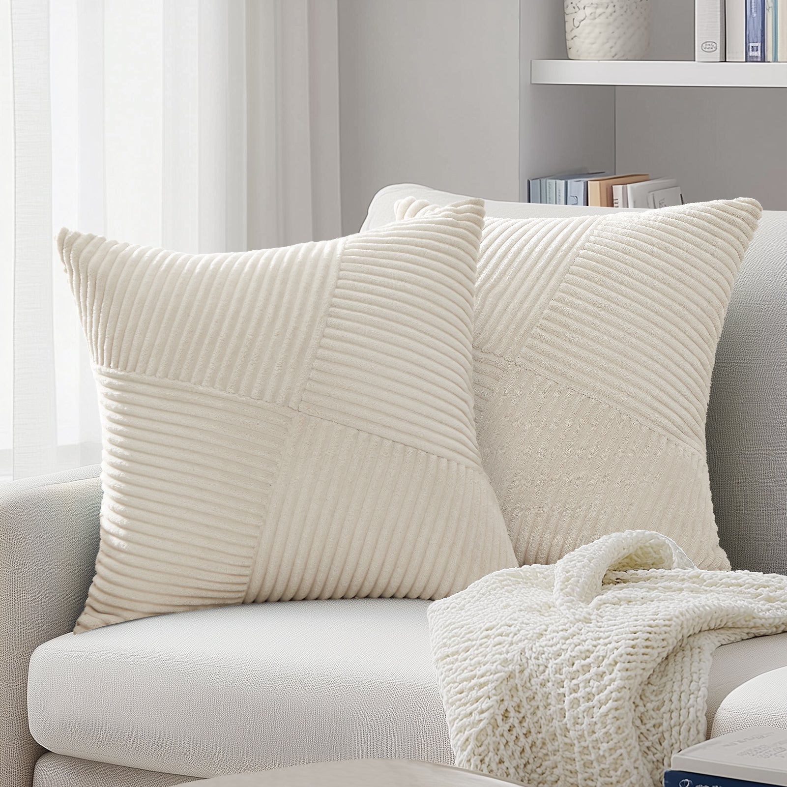 Soft Corduroy Couch Decorative Pillow Covers Windmill Textured Striped Cushion Cover,Set of 2