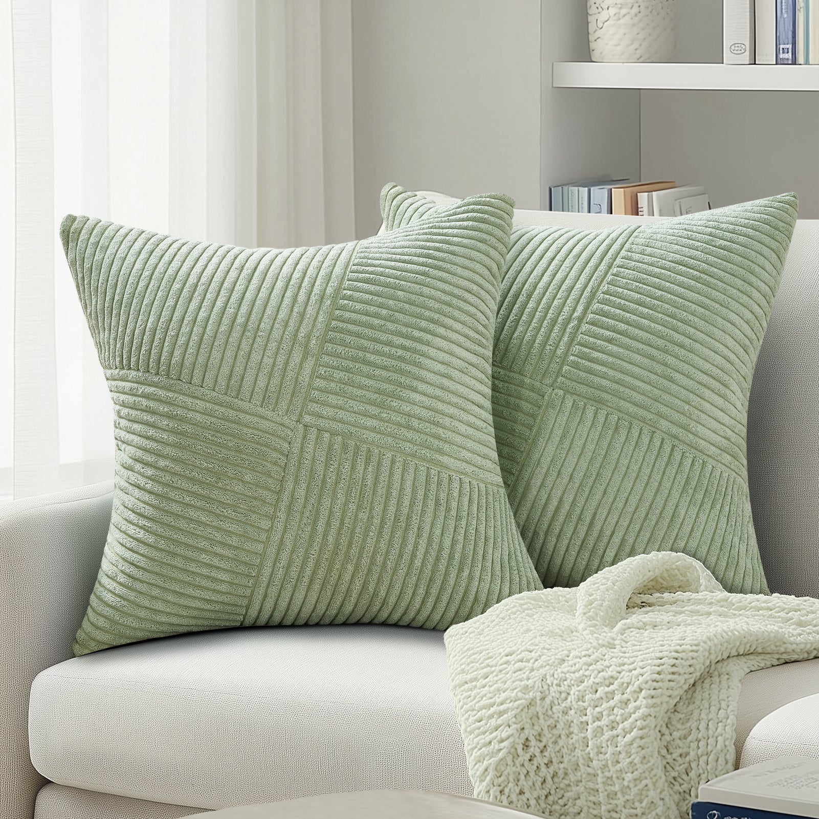 Soft Corduroy Couch Decorative Pillow Covers Windmill Textured Striped Cushion Cover,Set of 2