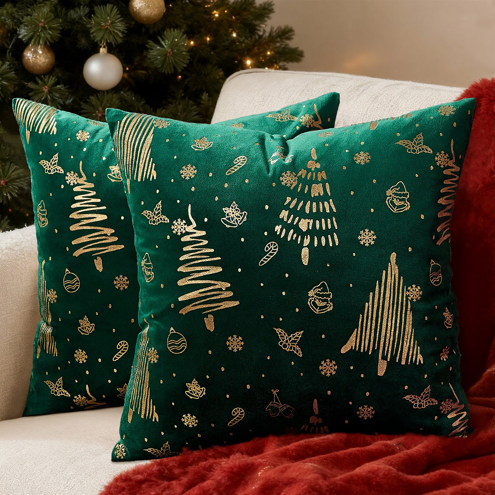 Christmas Velvet Pillow Covers Set of 2, Xmas Tree Gold Brozing Cushion Cases,Winter Holiday Home Decoration