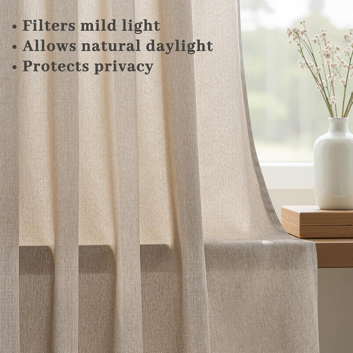 Neutral Light Filtering Linen Pinch Pleat Curtains, 2 Panels