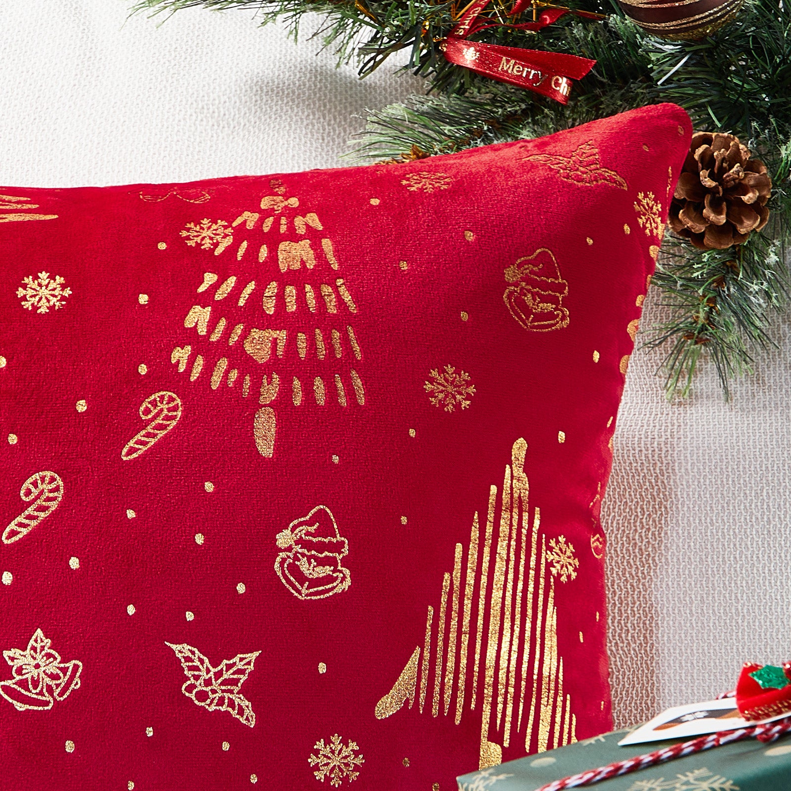 Christmas Velvet Pillow Covers Set of 2, Xmas Tree Gold Brozing Cushion Cases,Winter Holiday Home Decoration