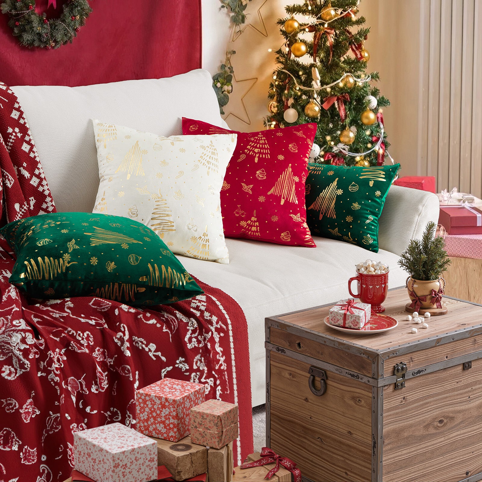 Christmas Velvet Pillow Covers Set of 2, Xmas Tree Gold Brozing Cushion Cases,Winter Holiday Home Decoration