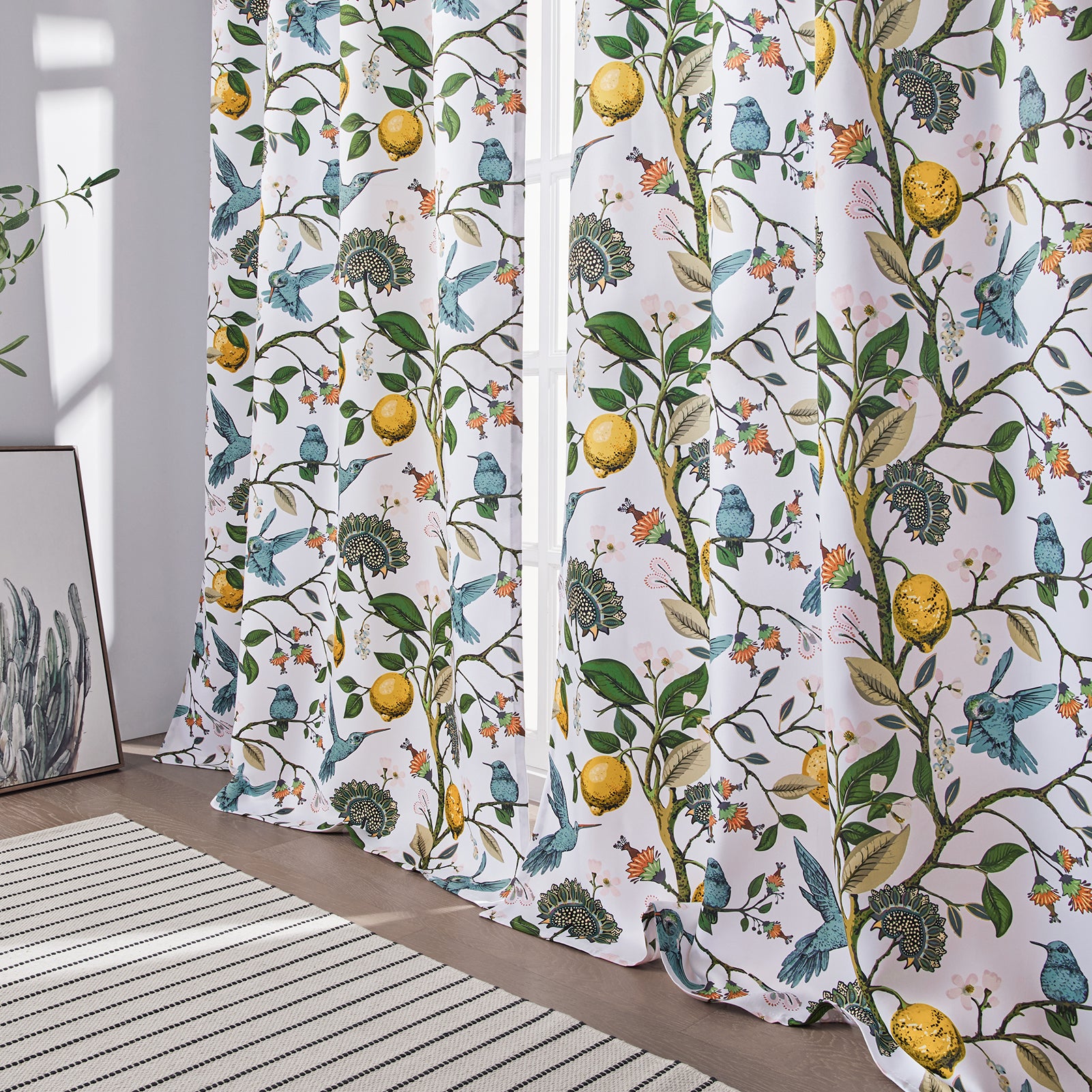 Topfinel Hummingbird Patterned Room Darkening Curtain,Rod Pocket Back Tab Floral Drapes,Set of 2