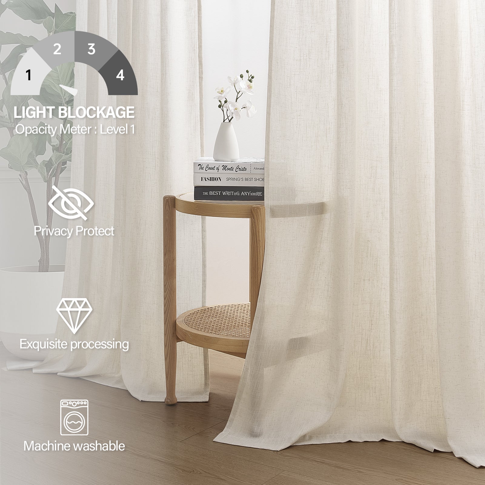 Topfinel Linen Curtain Rod Pocket Back Tab,Linen Semi Sheer Curtains for Bedroom 2 Panels