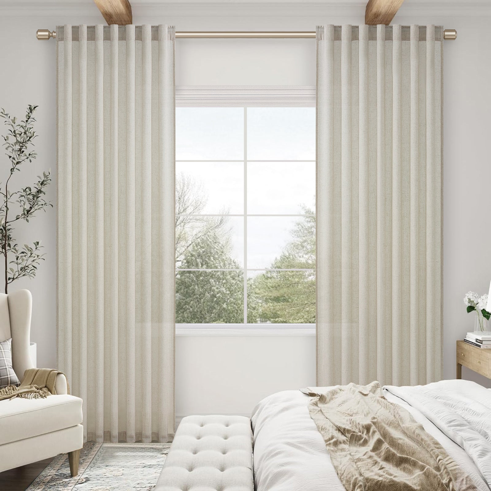 Topfinel Linen Curtain Rod Pocket Back Tab,Linen Semi Sheer Curtains for Bedroom 2 Panels