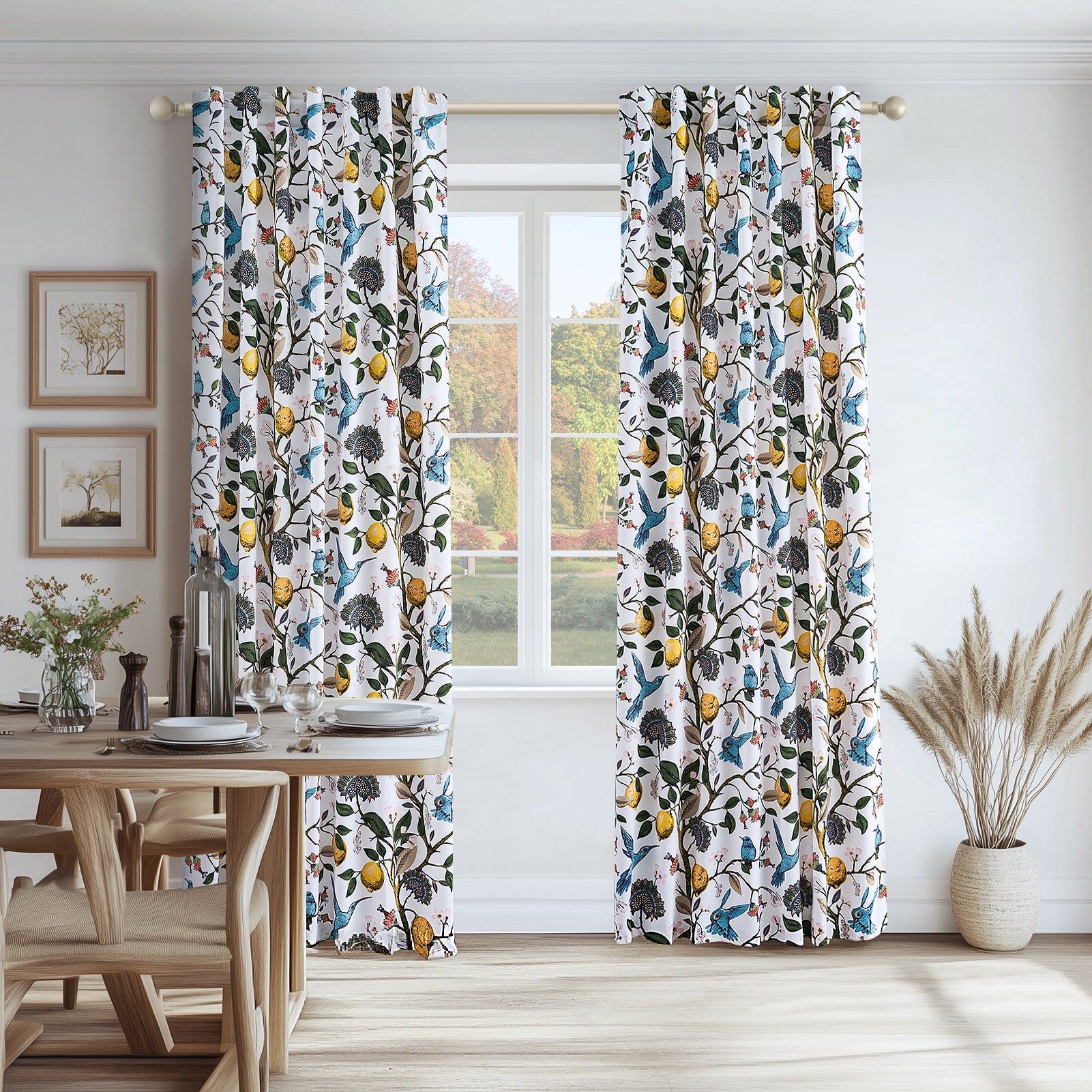 Topfinel Hummingbird Patterned Room Darkening Curtain,Rod Pocket Back Tab Floral Drapes,Set of 2