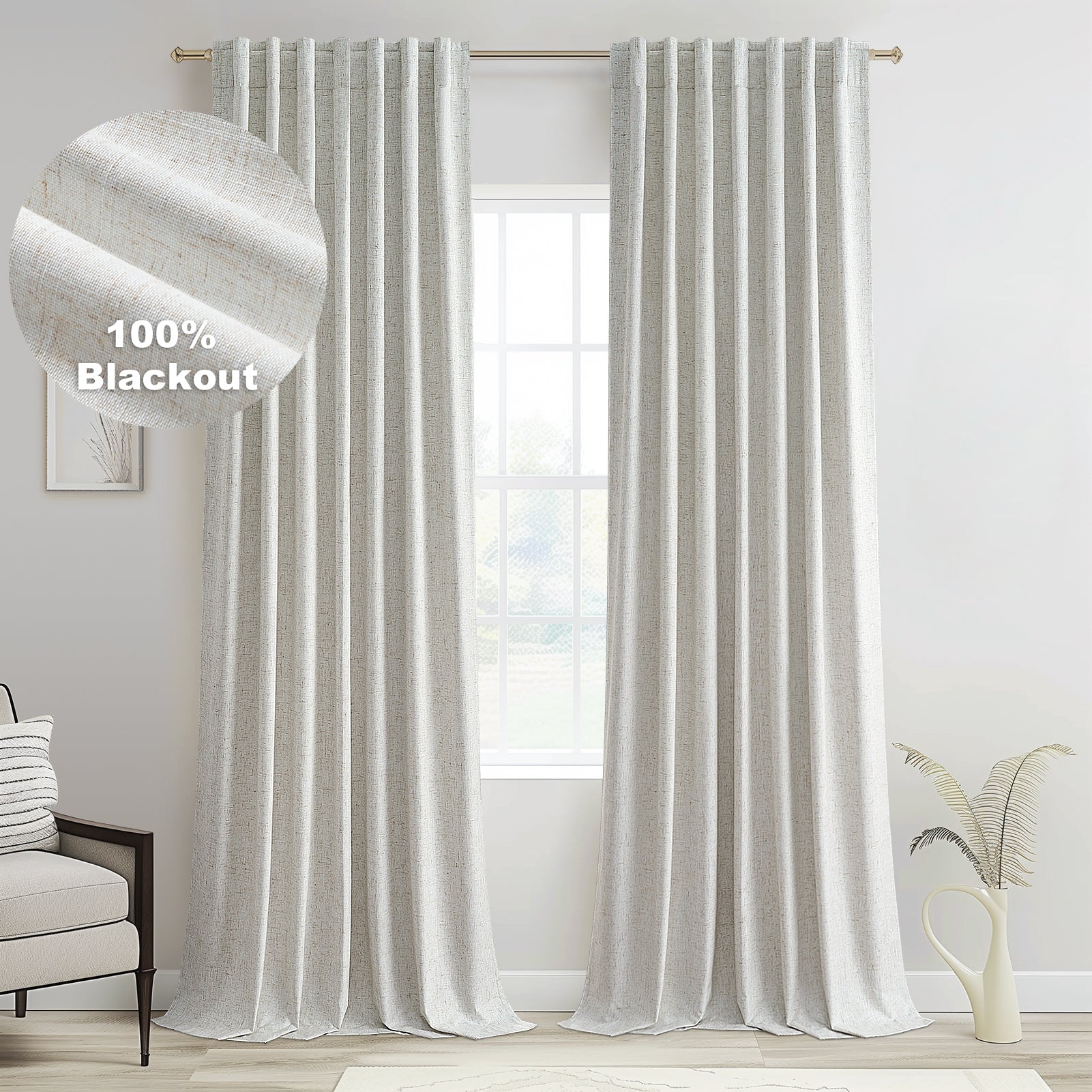 Topfinel 100% Blackout Thermal Insulated Linen Drapes,Back Tab Hooks Drapes Set of 2 With Hooks