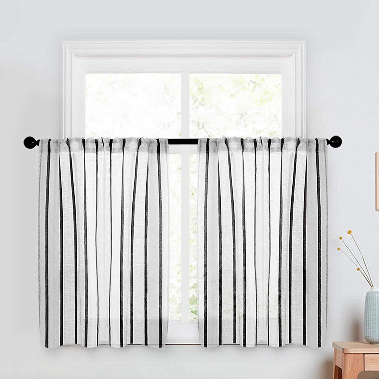 Topfinel Pleated Ticking Striped Tiers Curtains Faux Linen Semi Sheer Kitchen curtains - Topfinel