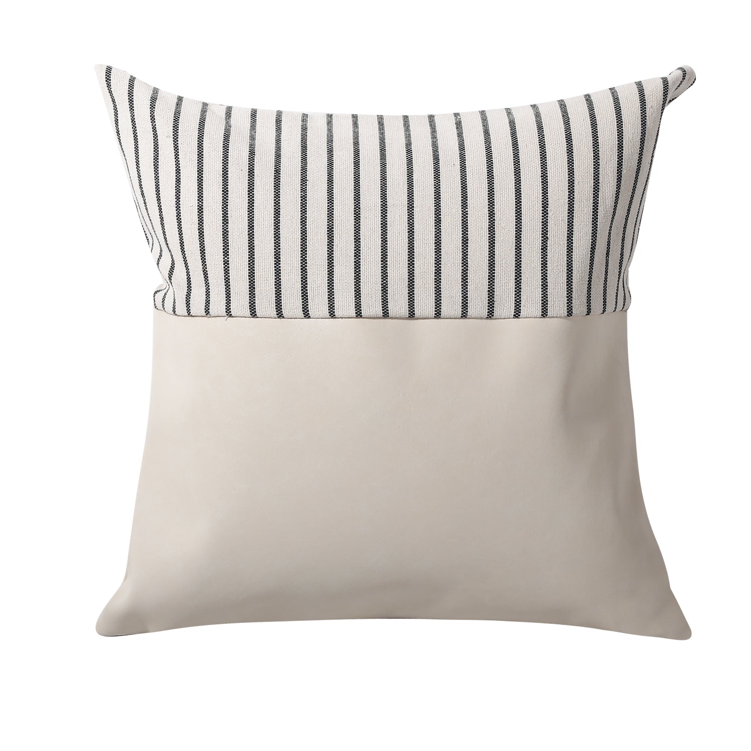 Faux Leather and Cotton Linen Decorative Throw Pillow Covers with Stripes