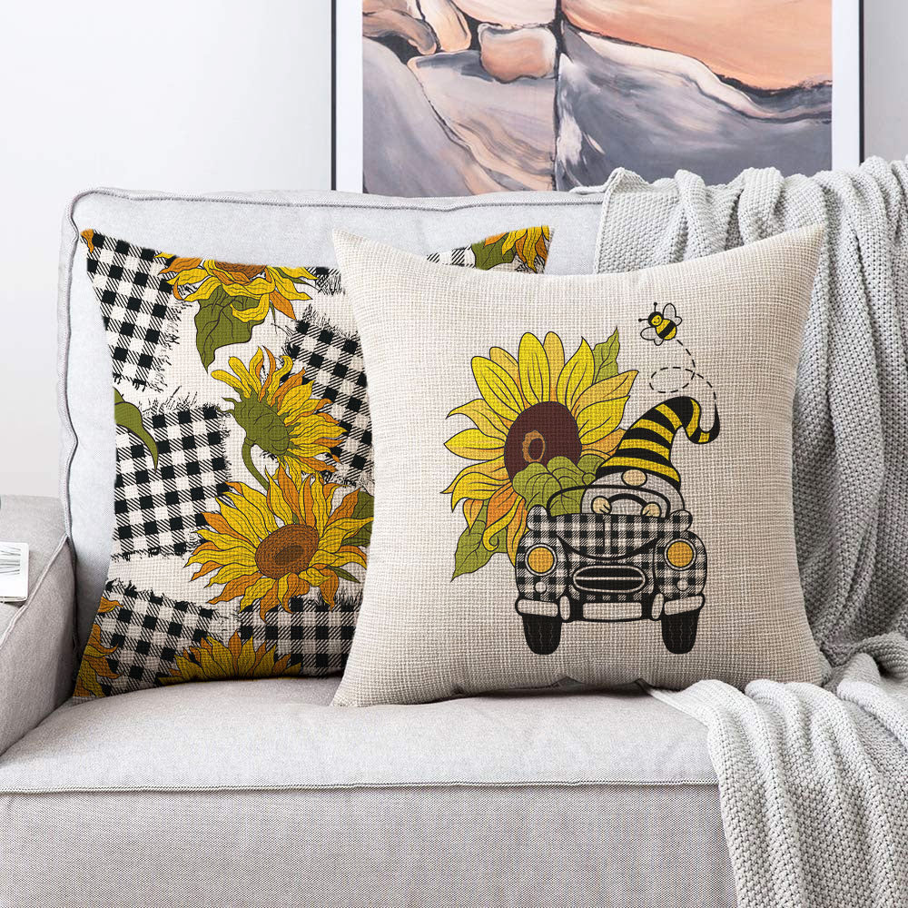 Fall Decorative Sunflower Buffalo Plaid Linen Pillow Cover