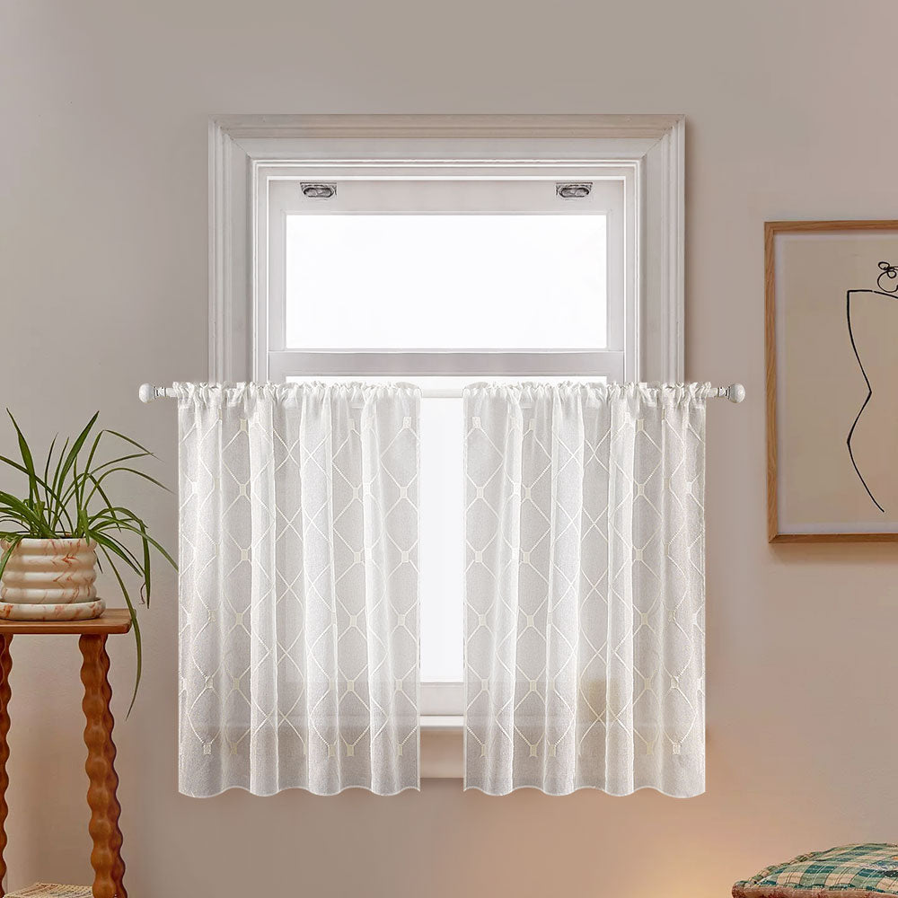 Topfinel Modern Sheer Tiers Embroidered White Kitchen Curtains