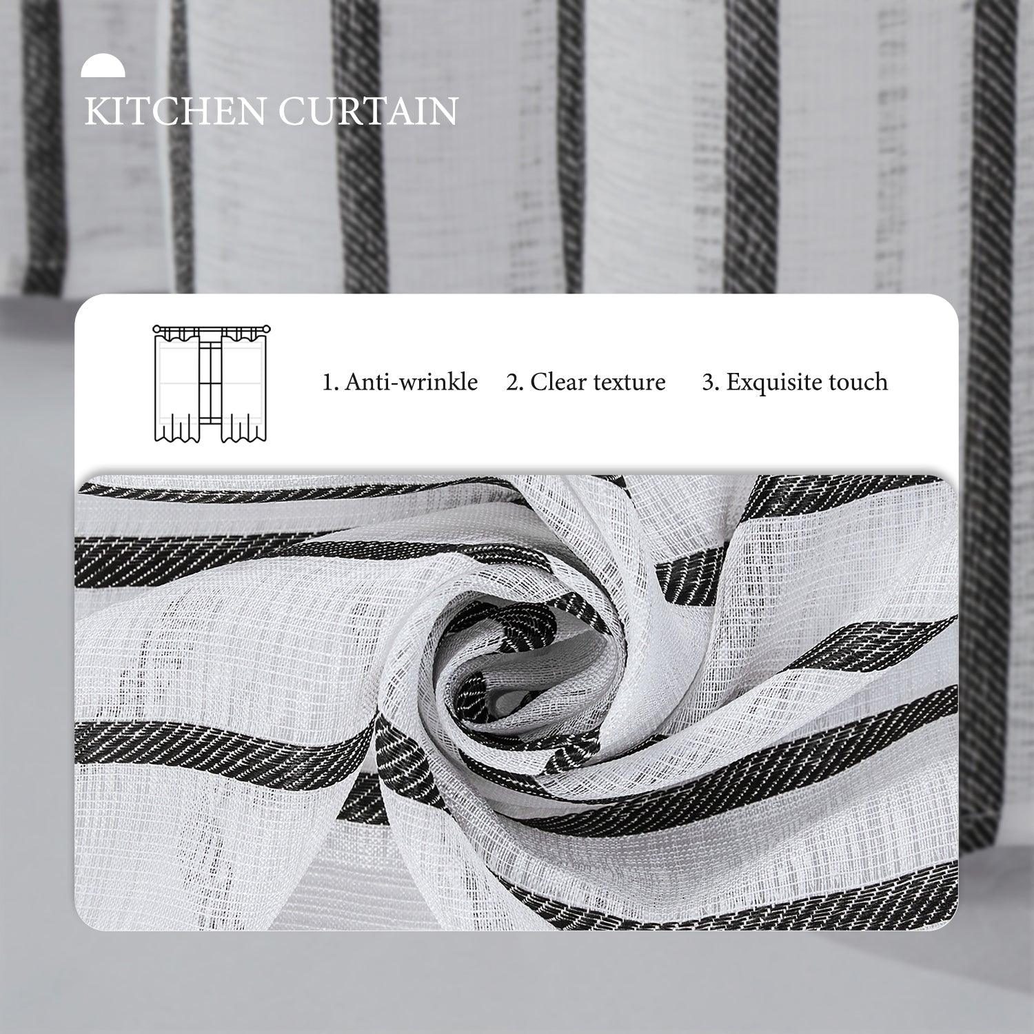 Topfinel Pleated Ticking Striped Tiers Curtains Faux Linen Semi Sheer Kitchen curtains - Topfinel