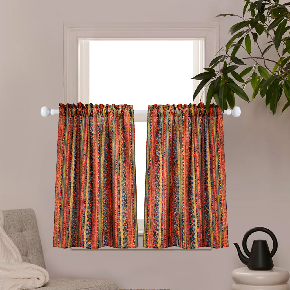 Bohemian Geometry Orange-Brown Striped Bronzing Patterned Tier Curtains