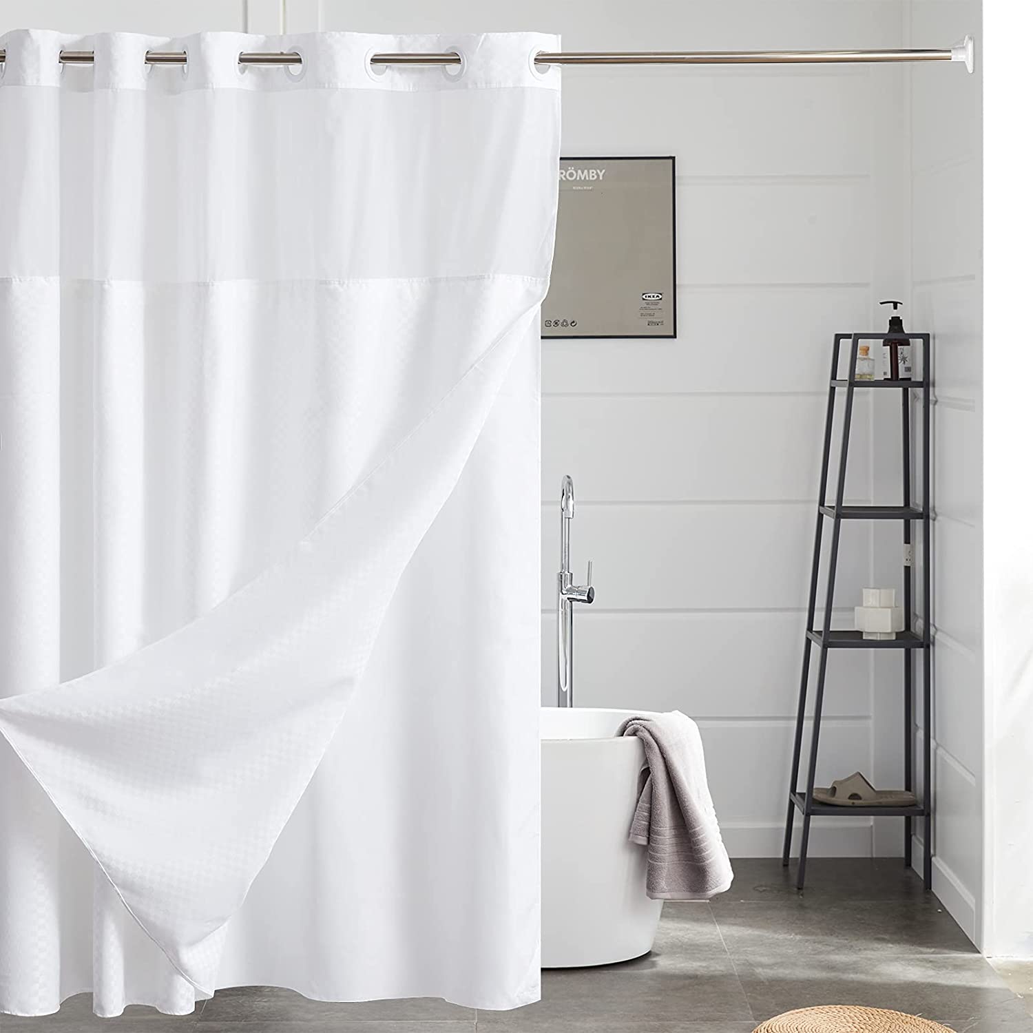 White Waterproof Shower Curtains No Hooks Required