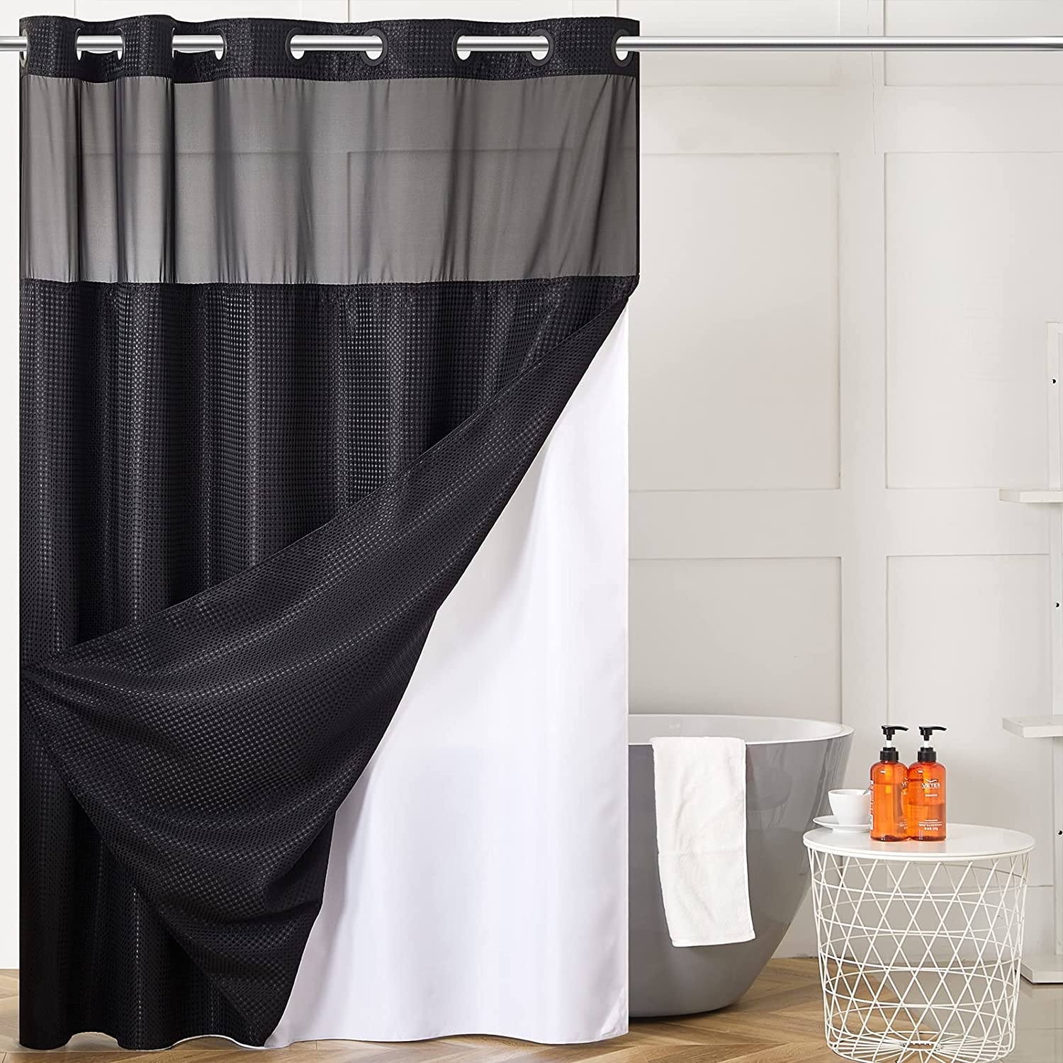 Shower Curtain Set with Snap-in Liner, No Hooks Needed