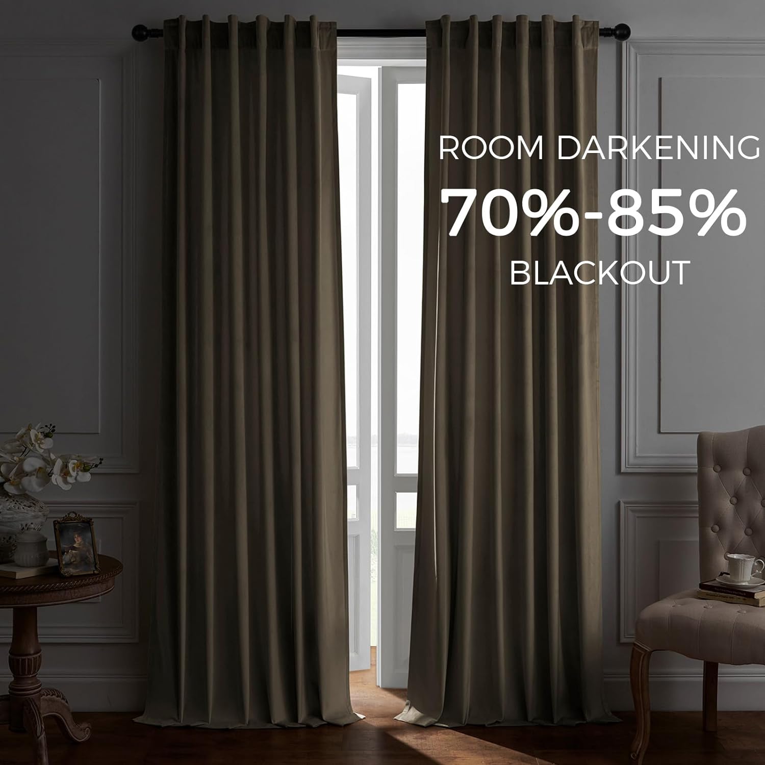 Topfinel Natural Blackout Velvet Curtains for Bedroom 108 Inches Length 2 Panels Set Thermal Insulated Noise Reducing Energy Saving Drapes for Living Room 108 Inches Long,9FT 2 Panels Burg,Beige