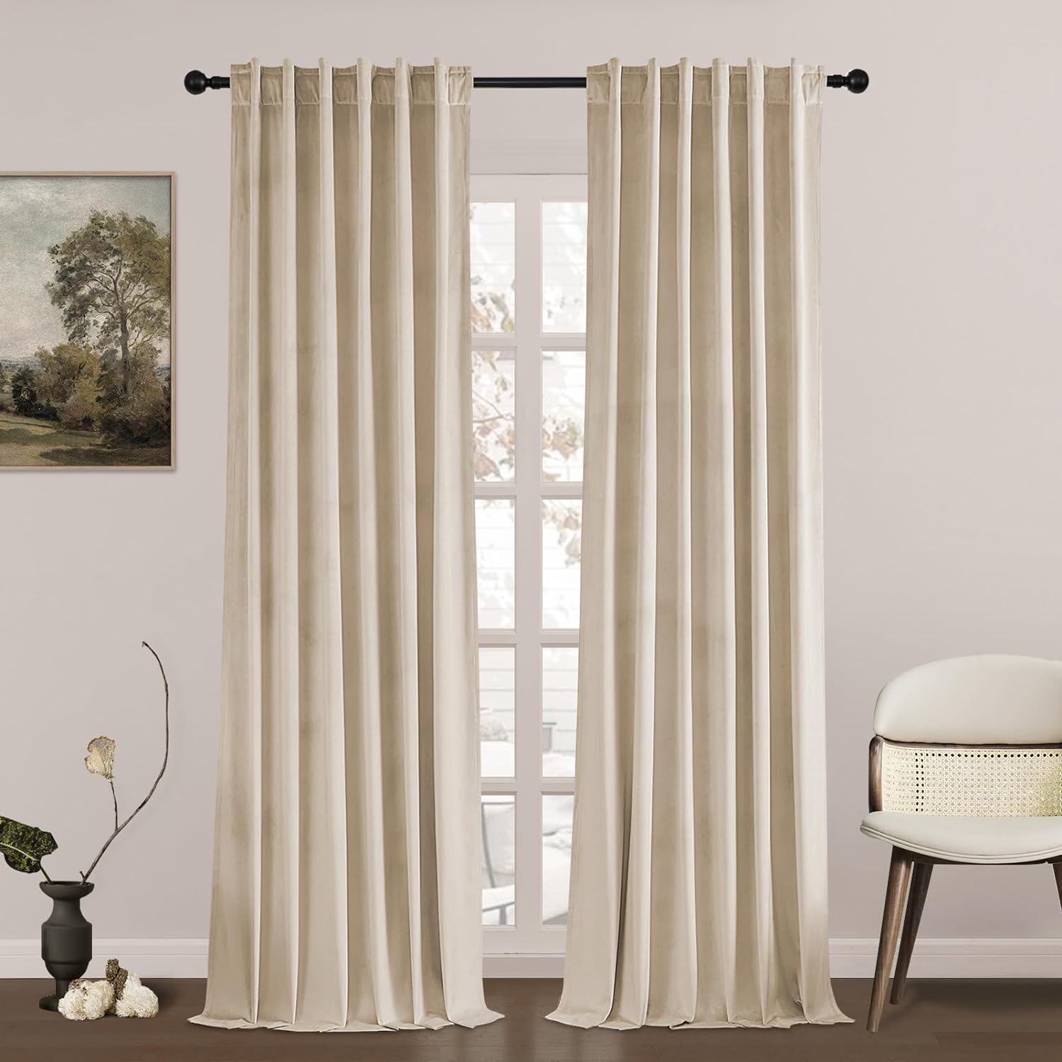 Topfinel Natural Blackout Velvet Curtains for Bedroom 108 Inches Length 2 Panels Set Thermal Insulated Noise Reducing Energy Saving Drapes for Living Room 108 Inches Long,9FT 2 Panels Burg,Beige