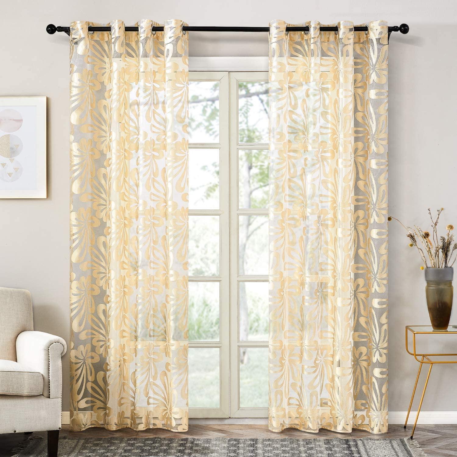 Topfinel Floral Sheer Curtains for Living Room，Semi White Sheer Curtains Panels - Topfinel