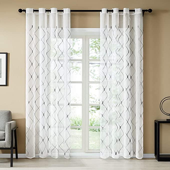 Topfinel Embroidered White Sheer Curtain Panels,Geometric Diamond Curtains - Topfinel
