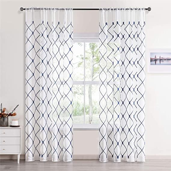 Topfinel Embroidered White Sheer Curtains Panels,Geometric Diamond Curtains For Bedroom，2 panels - Topfinel