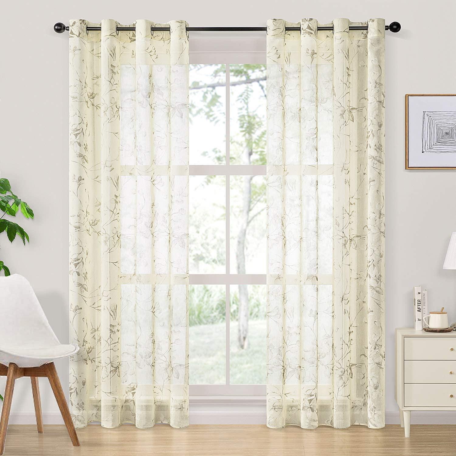 Topfinel panels Linen Textured Sheer Floral Curtains for Bedroom - Topfinel