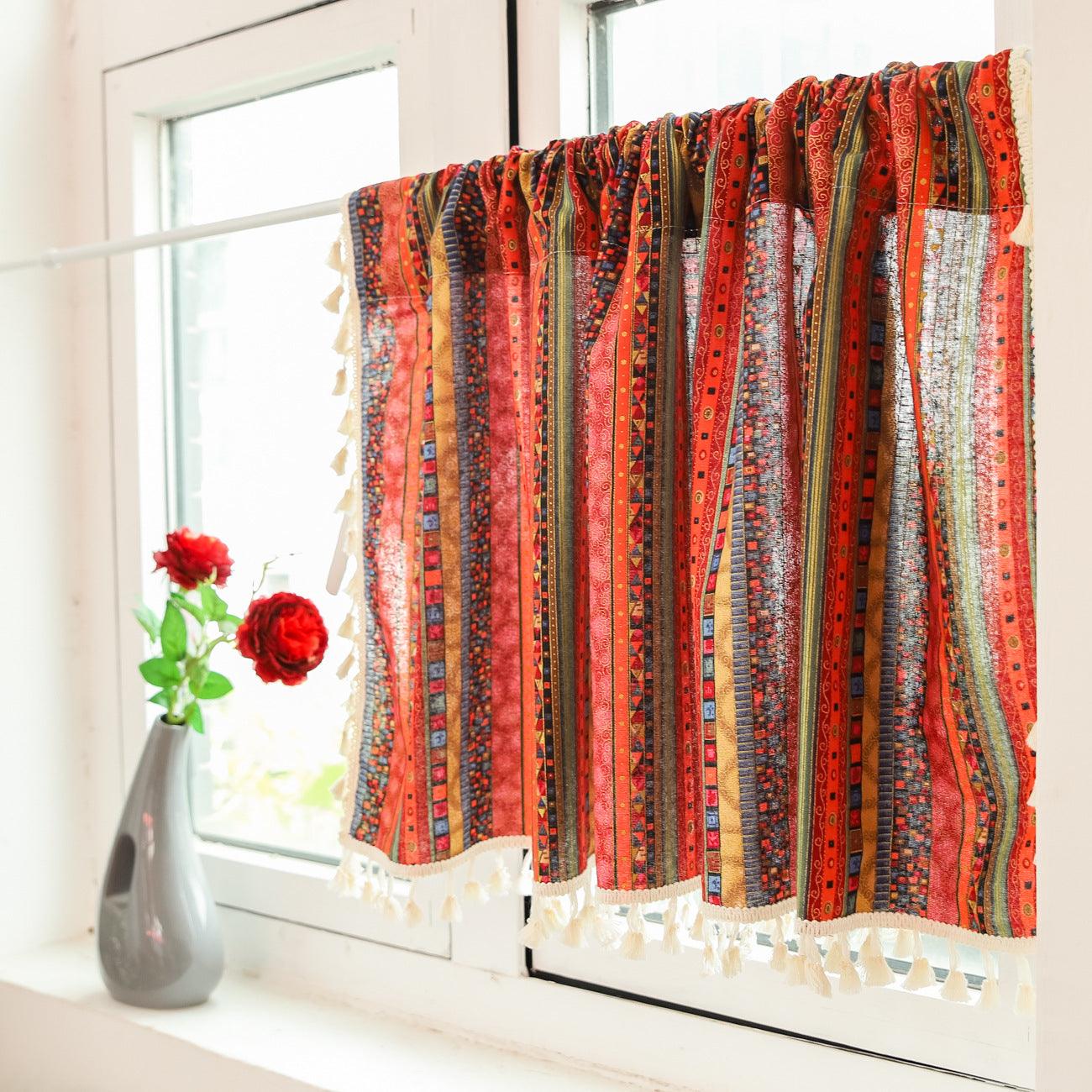 Topfinel American Country Boho Striped Linen with Tassel Curtain Tiers - Topfinel