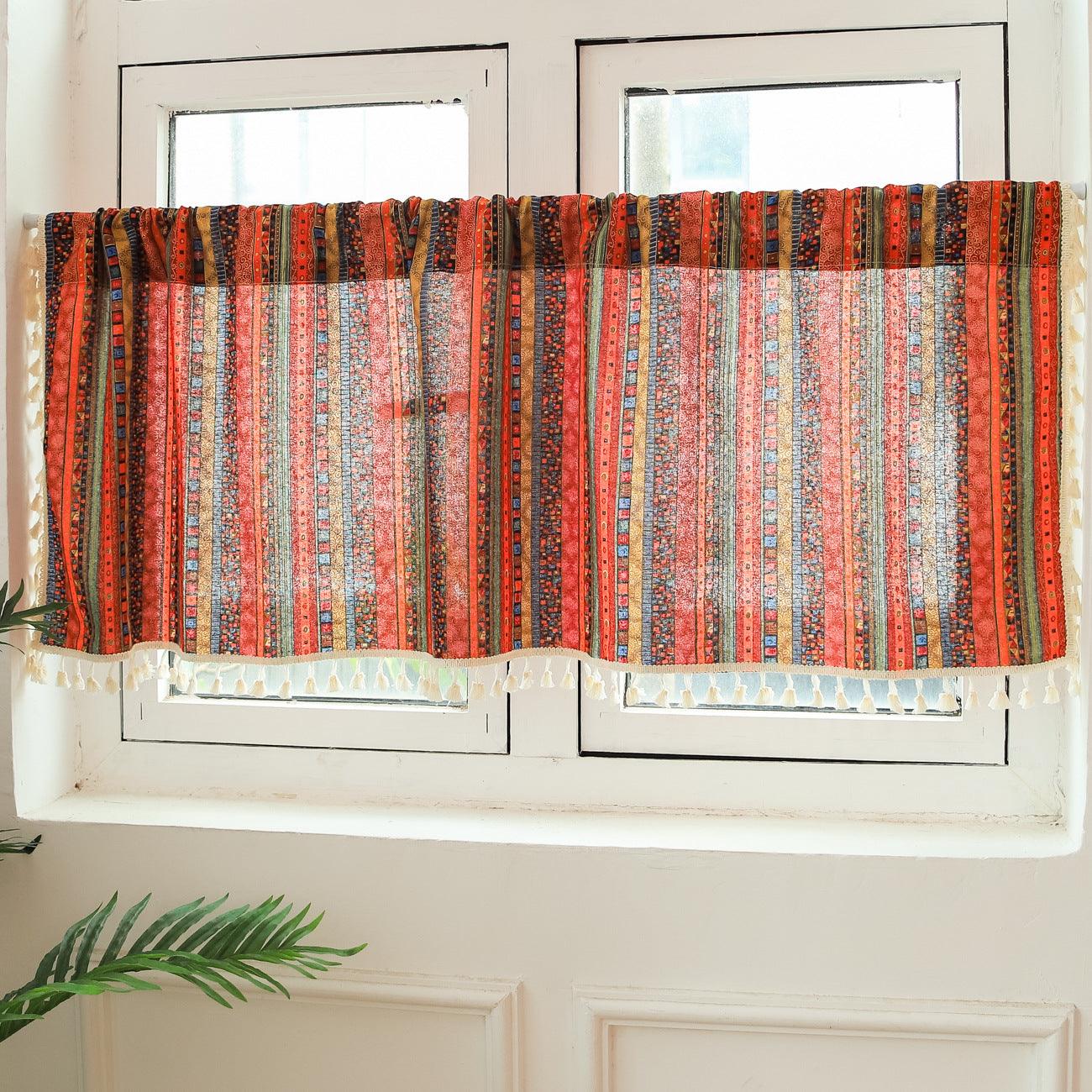 Topfinel American Country Boho Striped Linen with Tassel Curtain Tiers - Topfinel