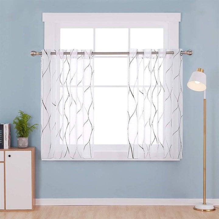 Topfinel Sheer Linen Tiers Curtains,Geometric Pattern Kitchen Window Curtain - Topfinel
