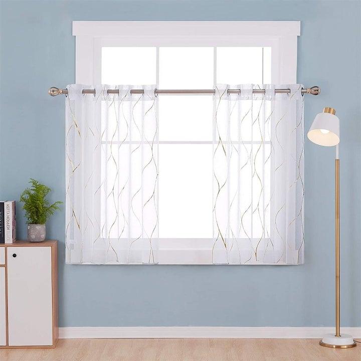 Topfinel Sheer Linen Tiers Curtains,Geometric Pattern Kitchen Window Curtain - Topfinel