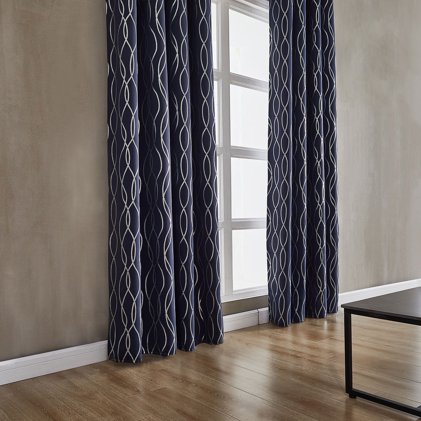 Modern Navy Blue Double Layer Silver Foil Wave Printed Blackout curtain